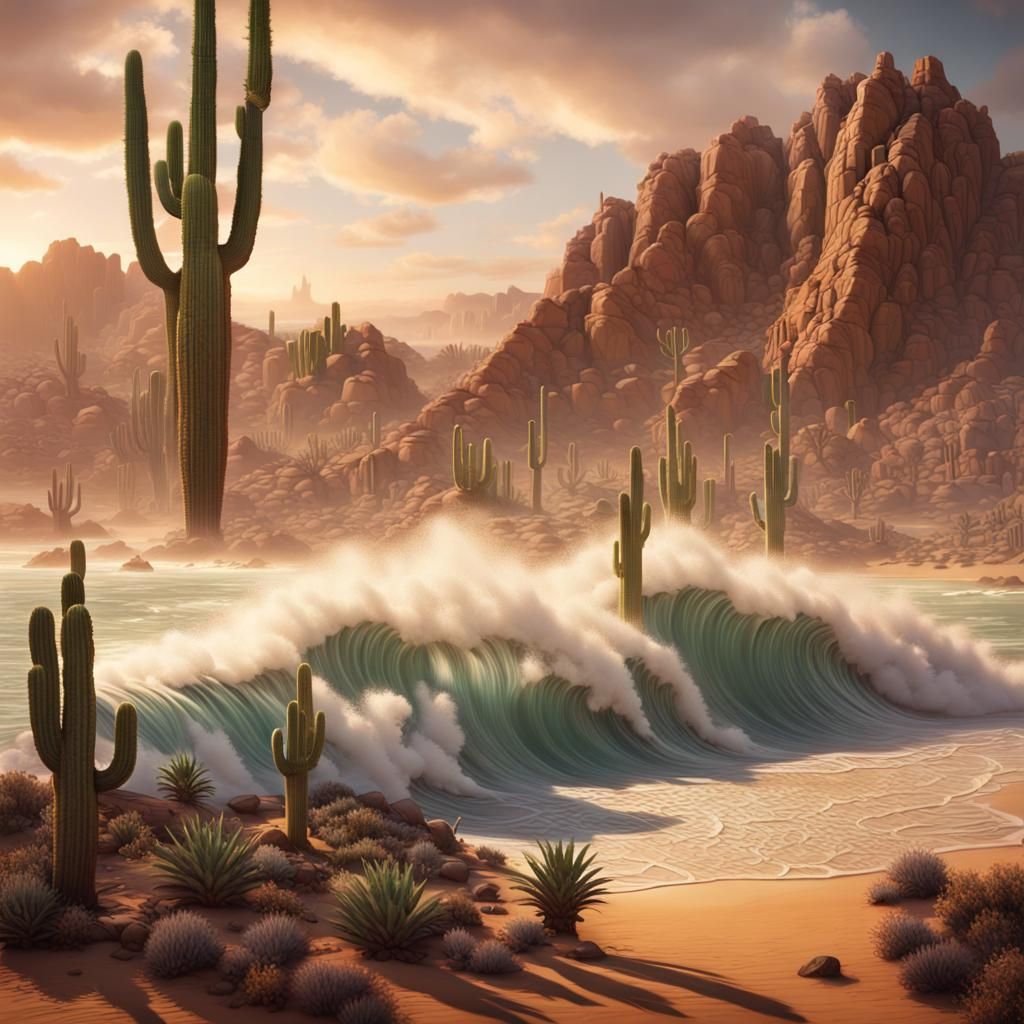 Ocean Wave Crashes on Desert Beach, Digital Art
