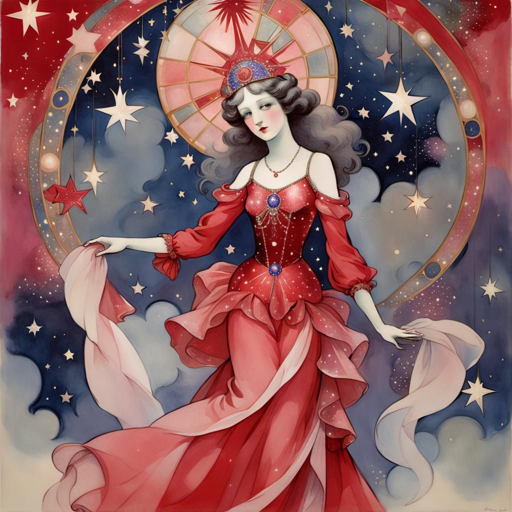 Porcelain Carnival Mistress Under Sparkling Stars: Art Nouve...