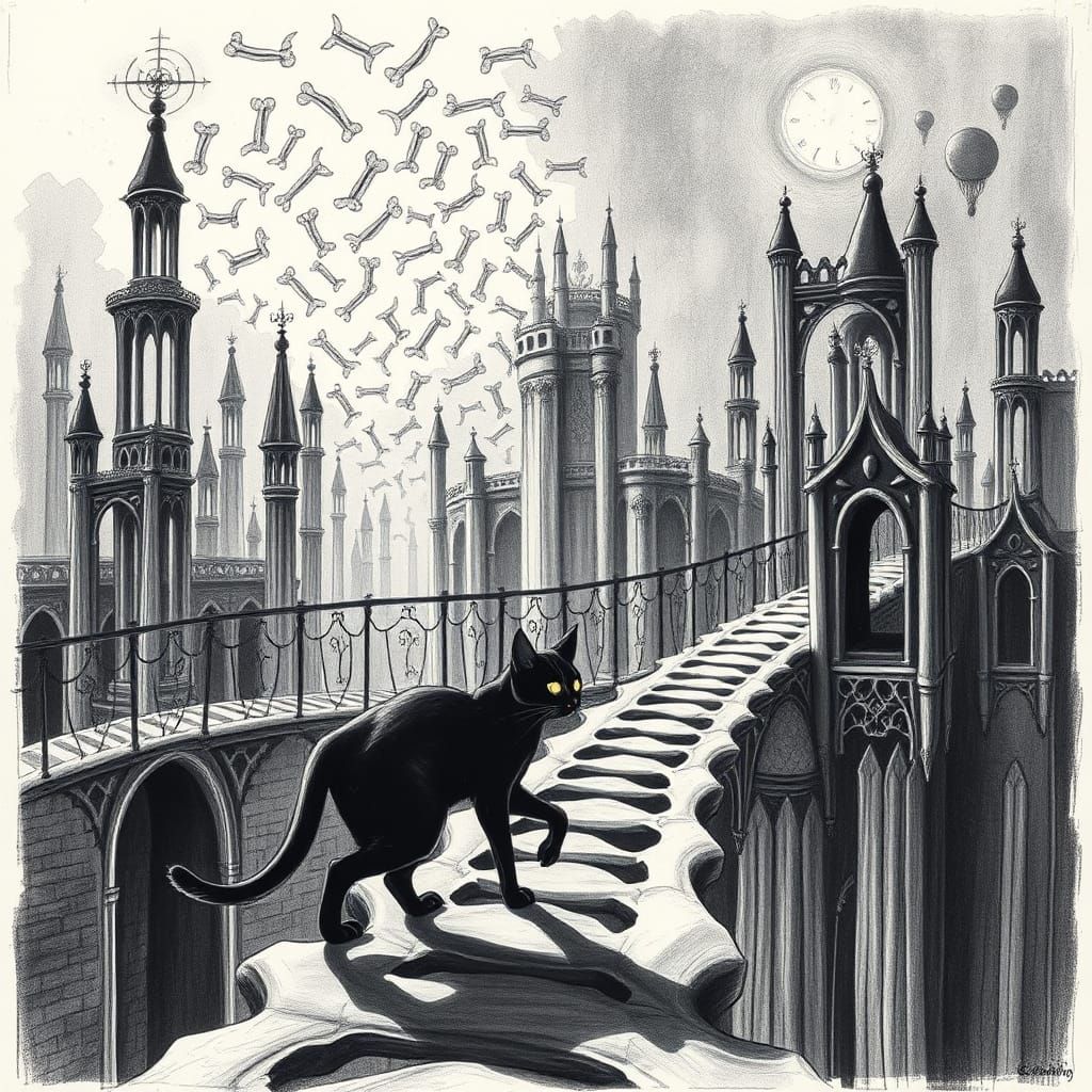B&W M.C. Escher drawing,surreal drawing  of a black cat in  ...