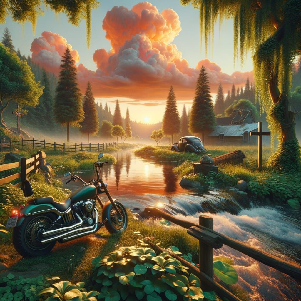 Southern Rustic Landscape with Motorcycle at Sunset, Matte P...