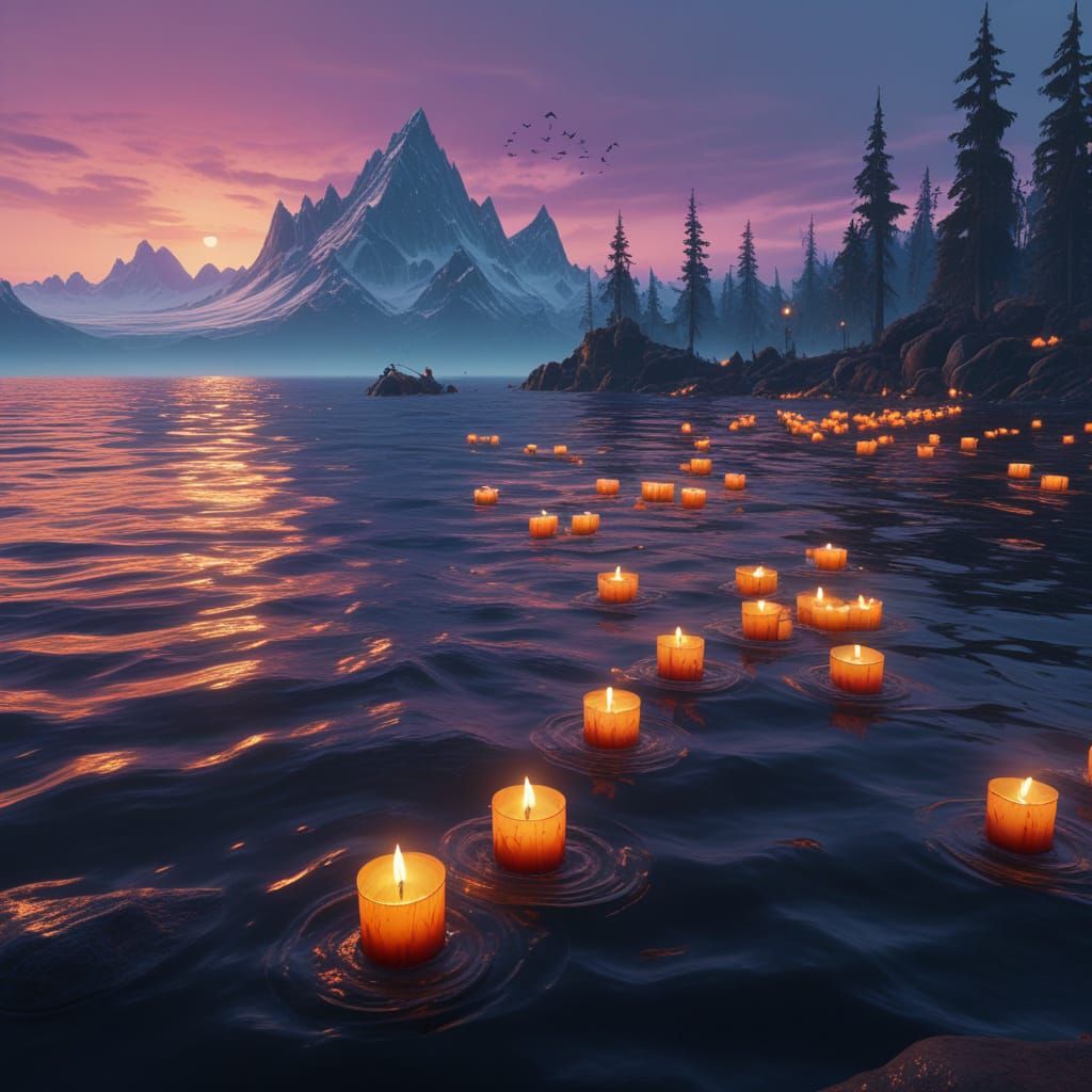 Surreal Ocean Scene with Candles Defying Gravity in a Fantas...