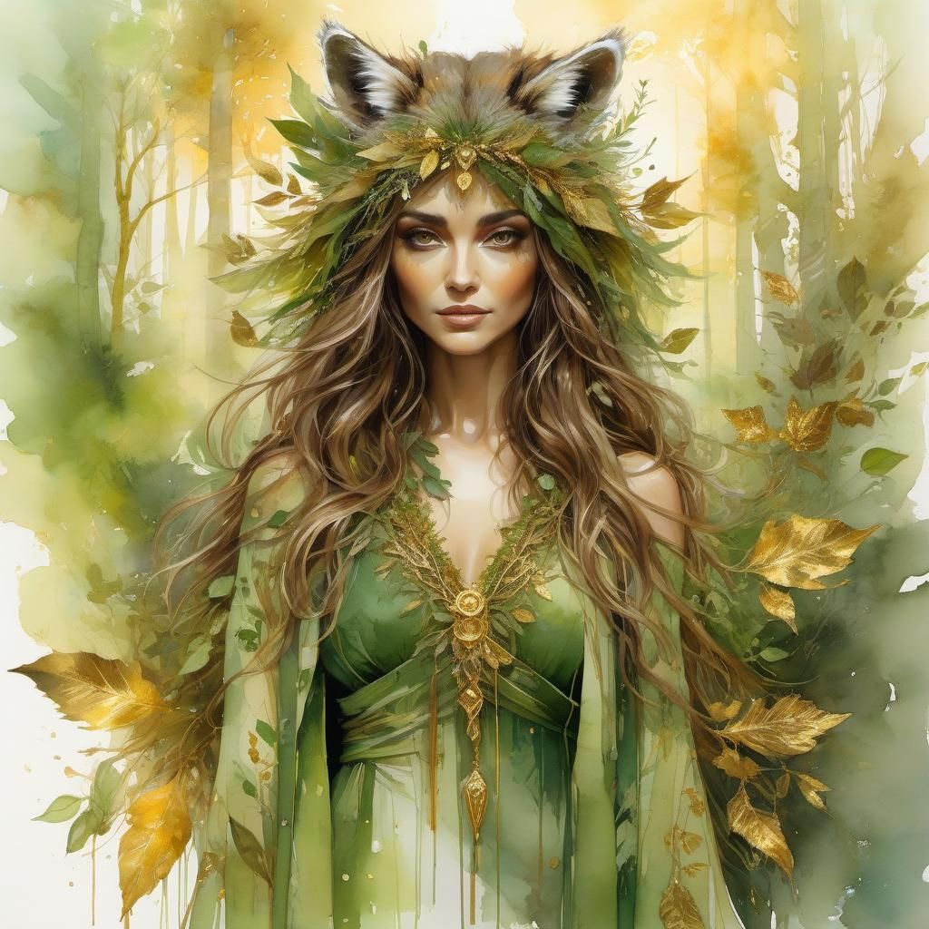 Nature Witch in Sunlit Forest, Whimsical Illustration