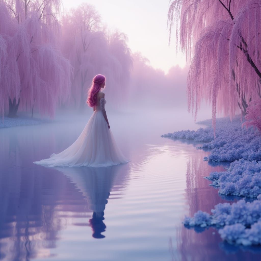 Ethereal Nymph in Misty Fantasy Landscape with Pink Willows