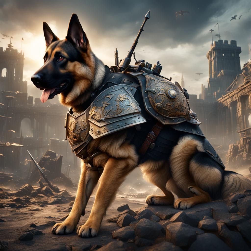 German Shepherd in Battle Armor: Detailed Matte Painting