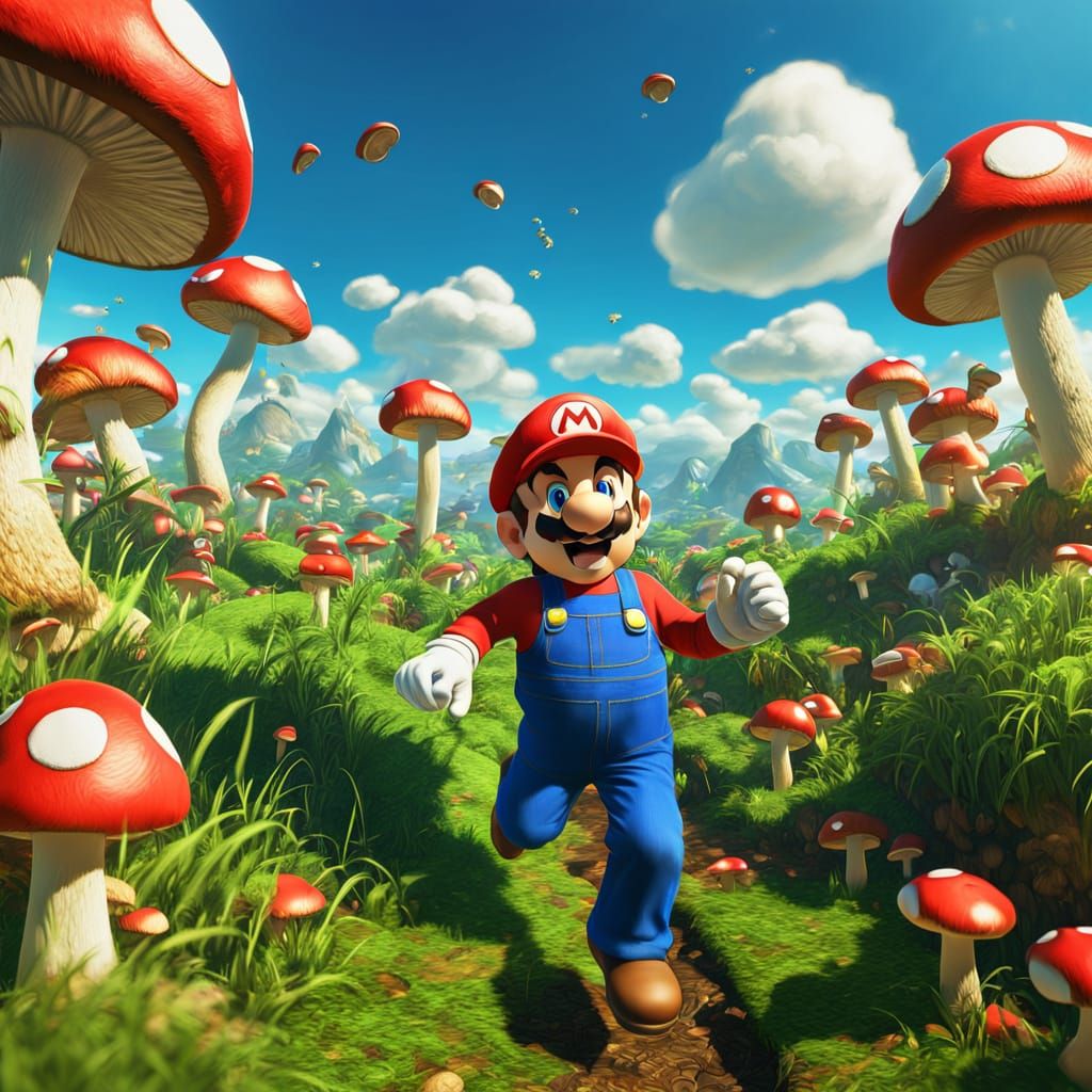 Mario Jumps in Mushroom Kingdom: Digital Comic Art