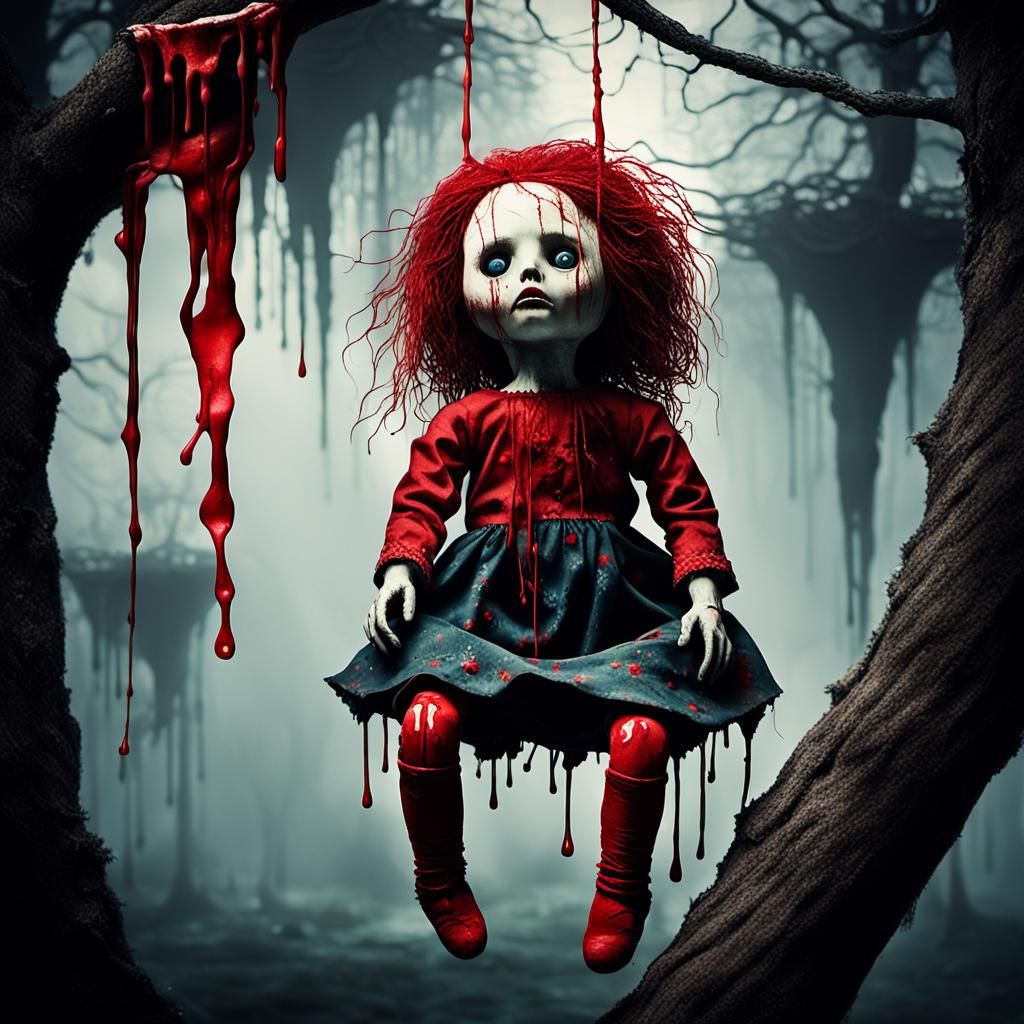 A dirty rag doll hanging upside down from her feet in a tree...