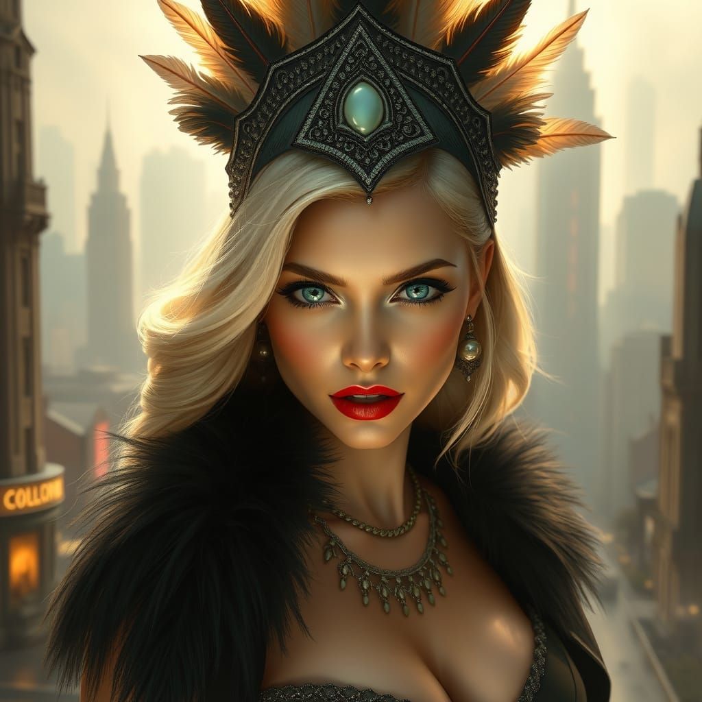 Woman with Feathered Headdress in Art Deco Cityscape