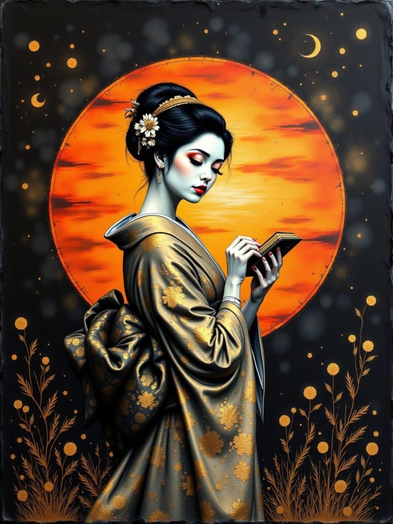 Geisha Portrait at Sunset in Gold, Ink, and Watercolour