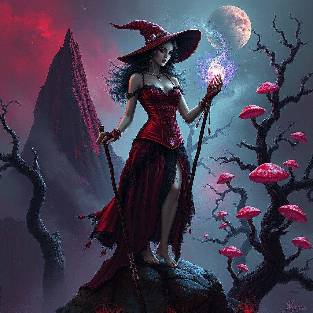 Mystical Space Witch Conjuring Energy in Dark Fantasy Style