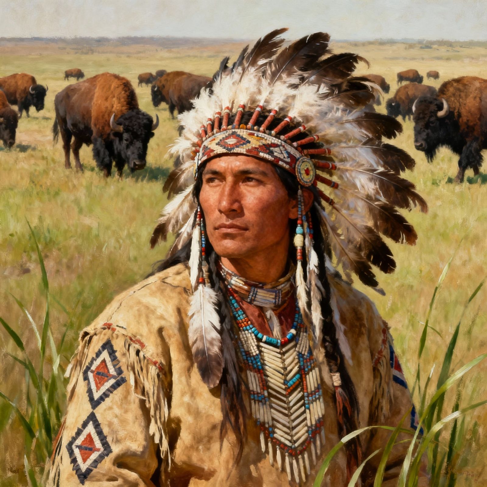 Native American Portrait with Buffalo Herd Painting