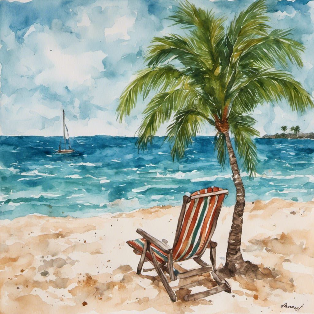 Tranquil Beach Scene with Palm Tree Painting
