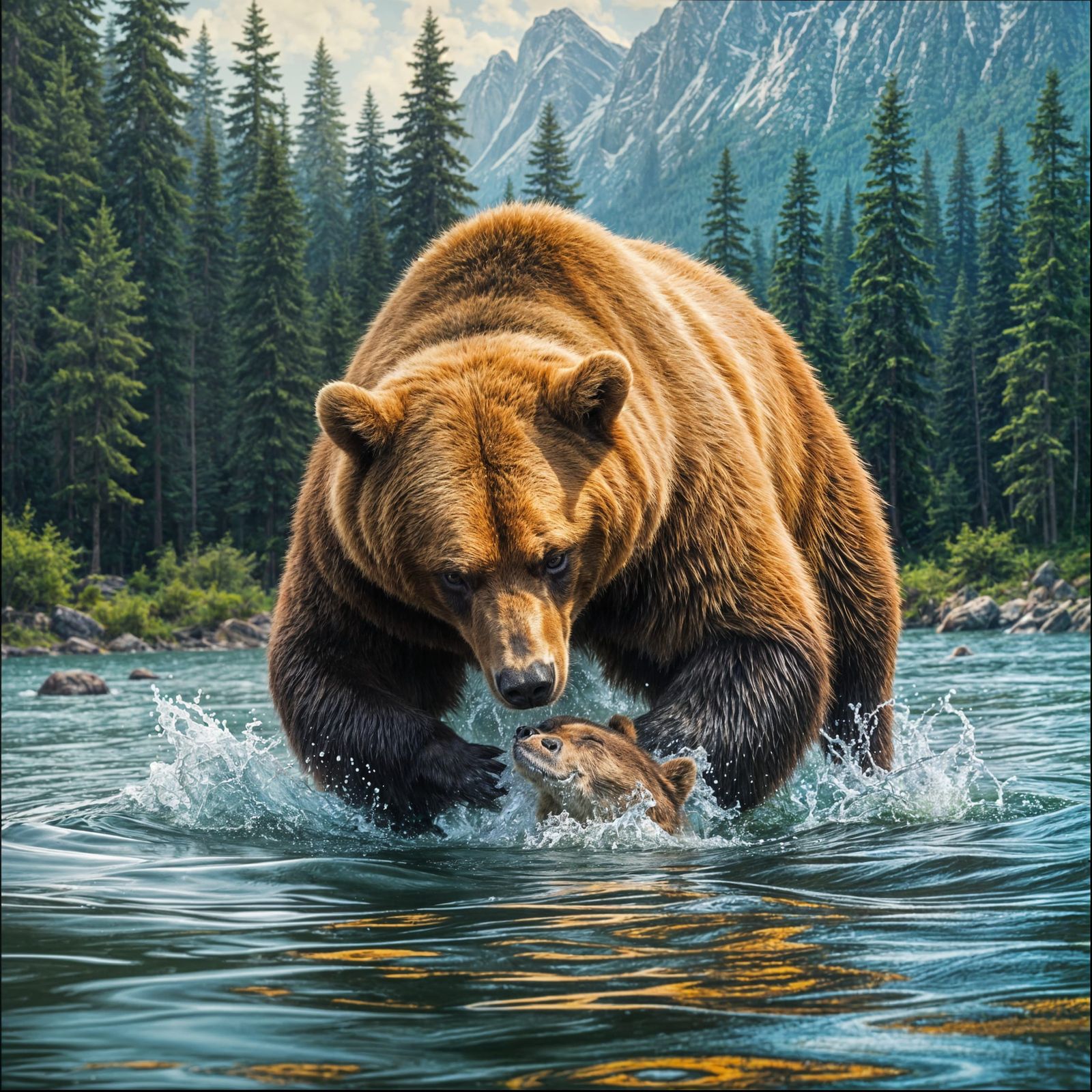 Brown Bear Lures Salmon in Wilderness Landscape