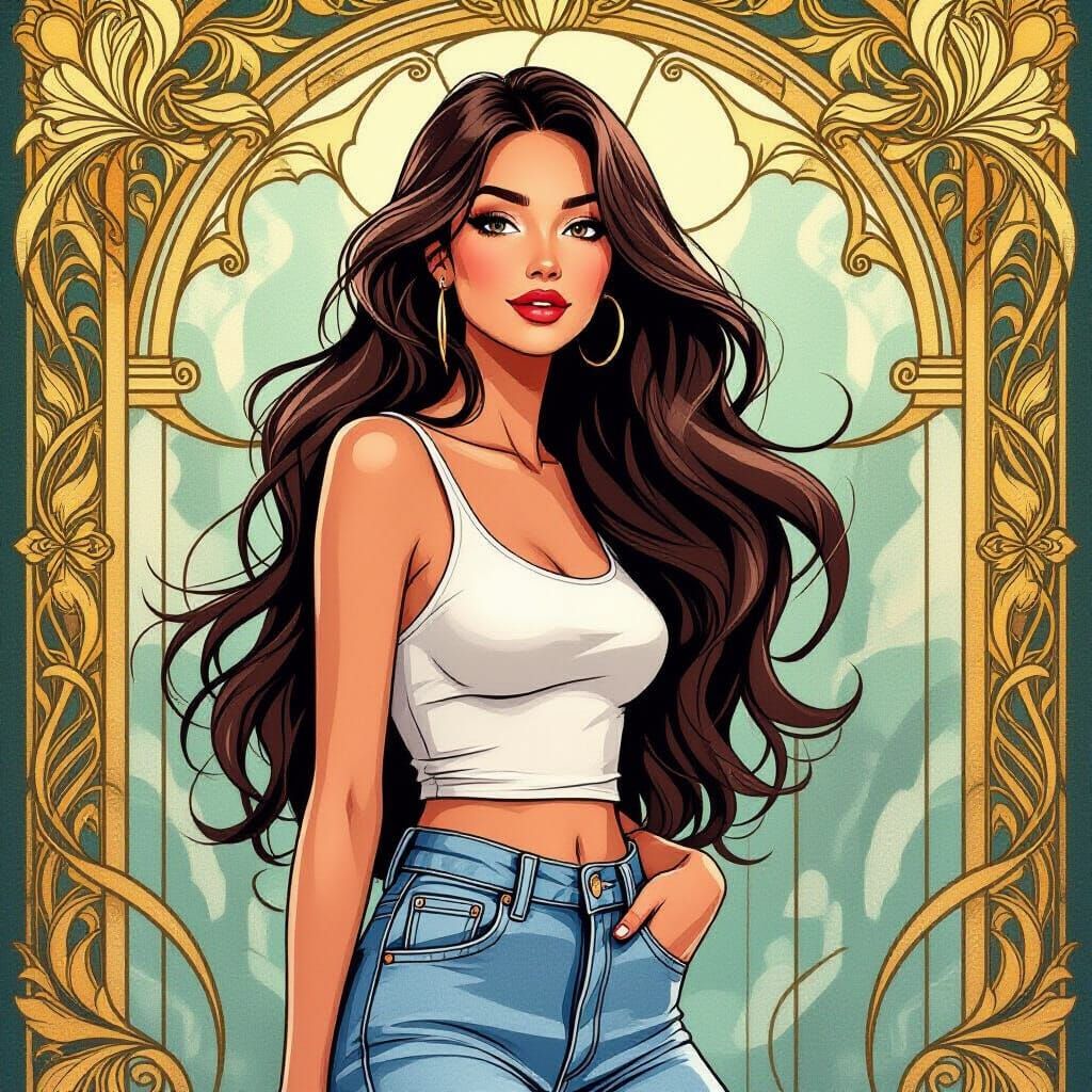 Art Deco Woman With Long Hair In Jeans