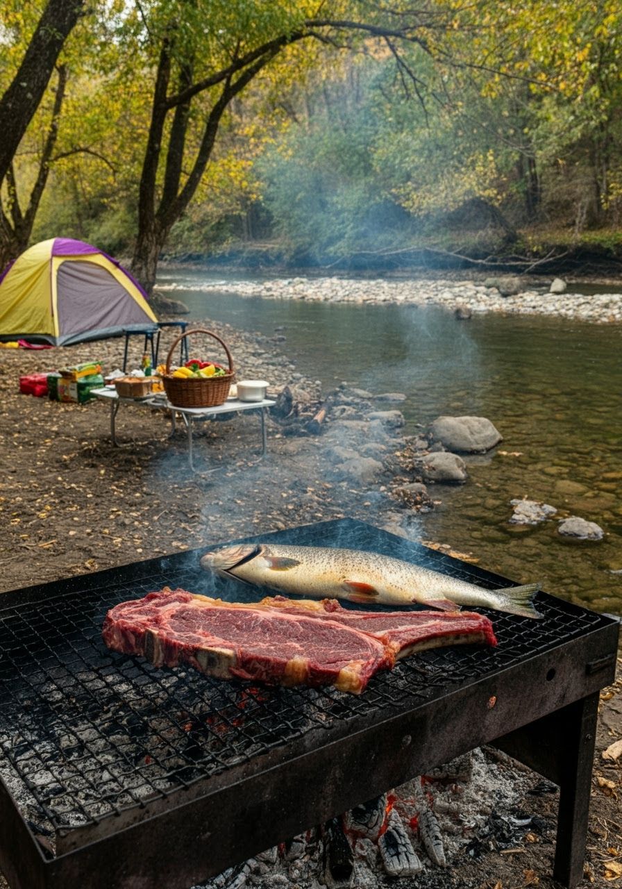 Autumn Campfire Feast with Grilled Beef and Vegetables