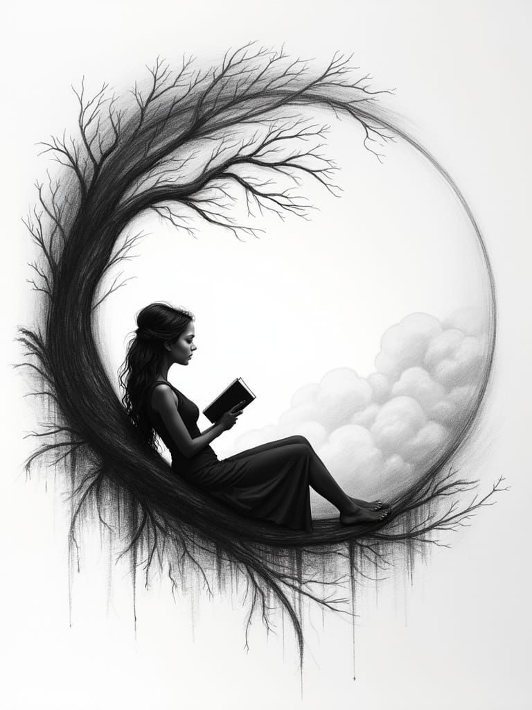 Minimalist Charcoal Art of Woman Finding Inner Peace