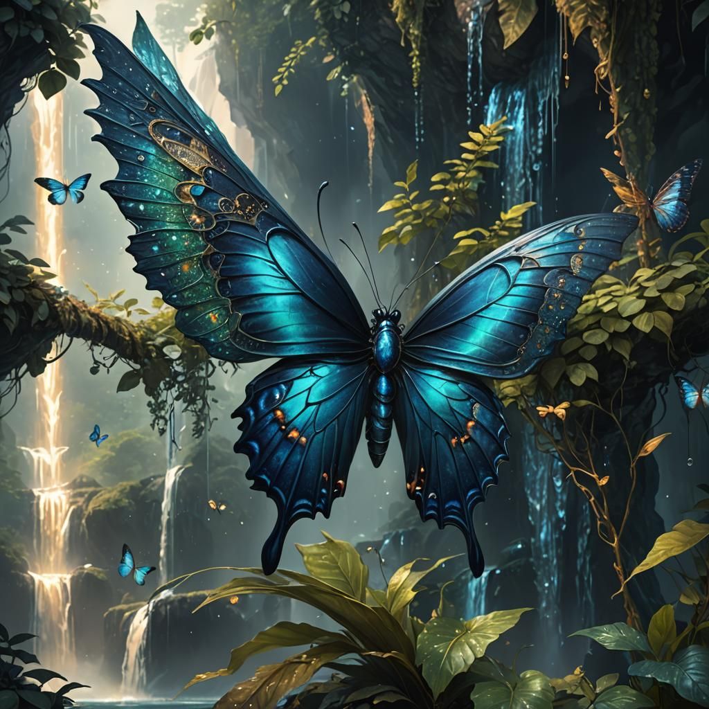 Dark Blue Butterfly with Waterfall, Dark Fantasy Art