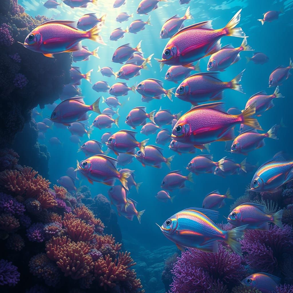 Vibrant Aquatic Scene with Iridescent Fish