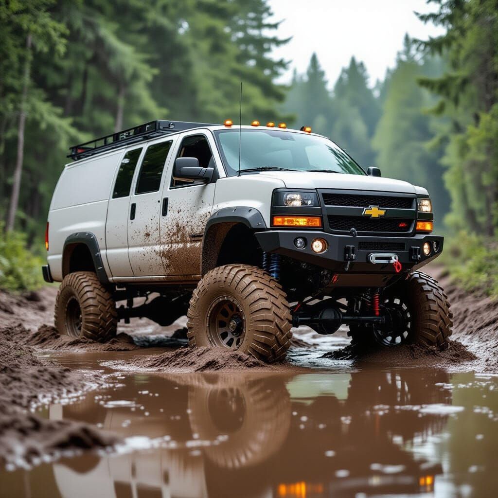 Mud-Stuck 2025 Chevrolet 4x4 Van in Cinematic Photorealism