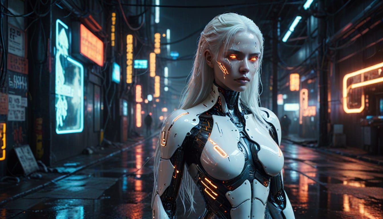 Cyberpunk Gynoid with Neon Reflections