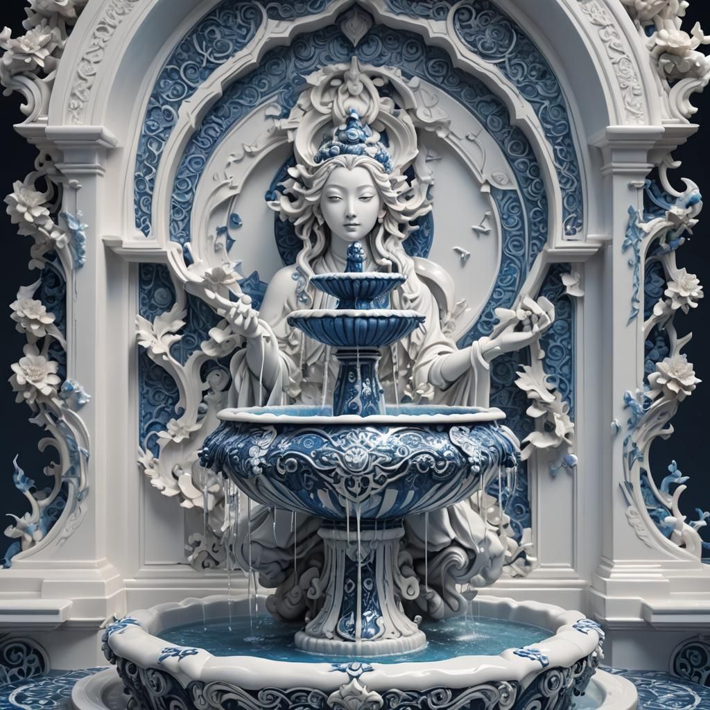 Ornate Porcelain Fountain with Blue Patterns