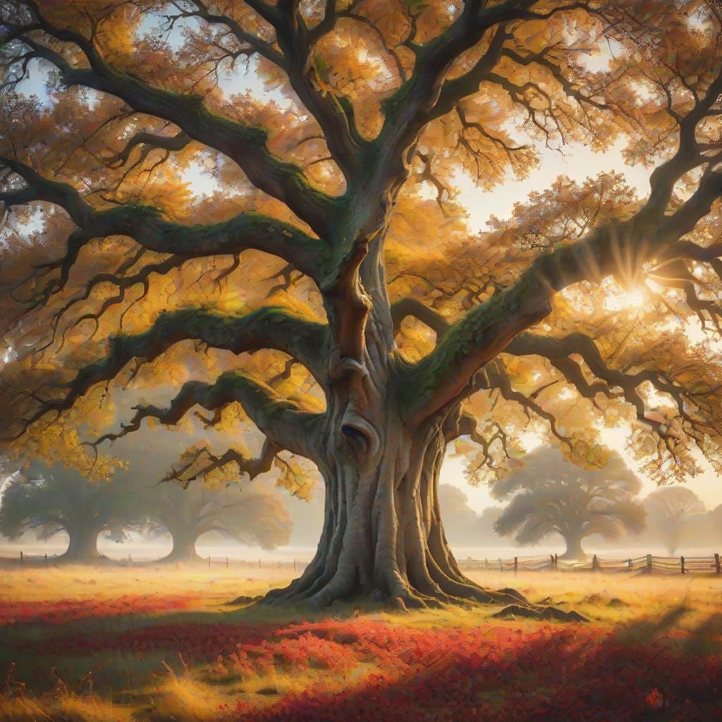 Ancient Oak in Autumnal Splendor: Oil Painting Landscape