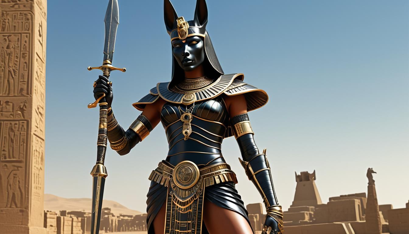 An Egyptian Female Warrior, very detailed armor, Anubis Head...