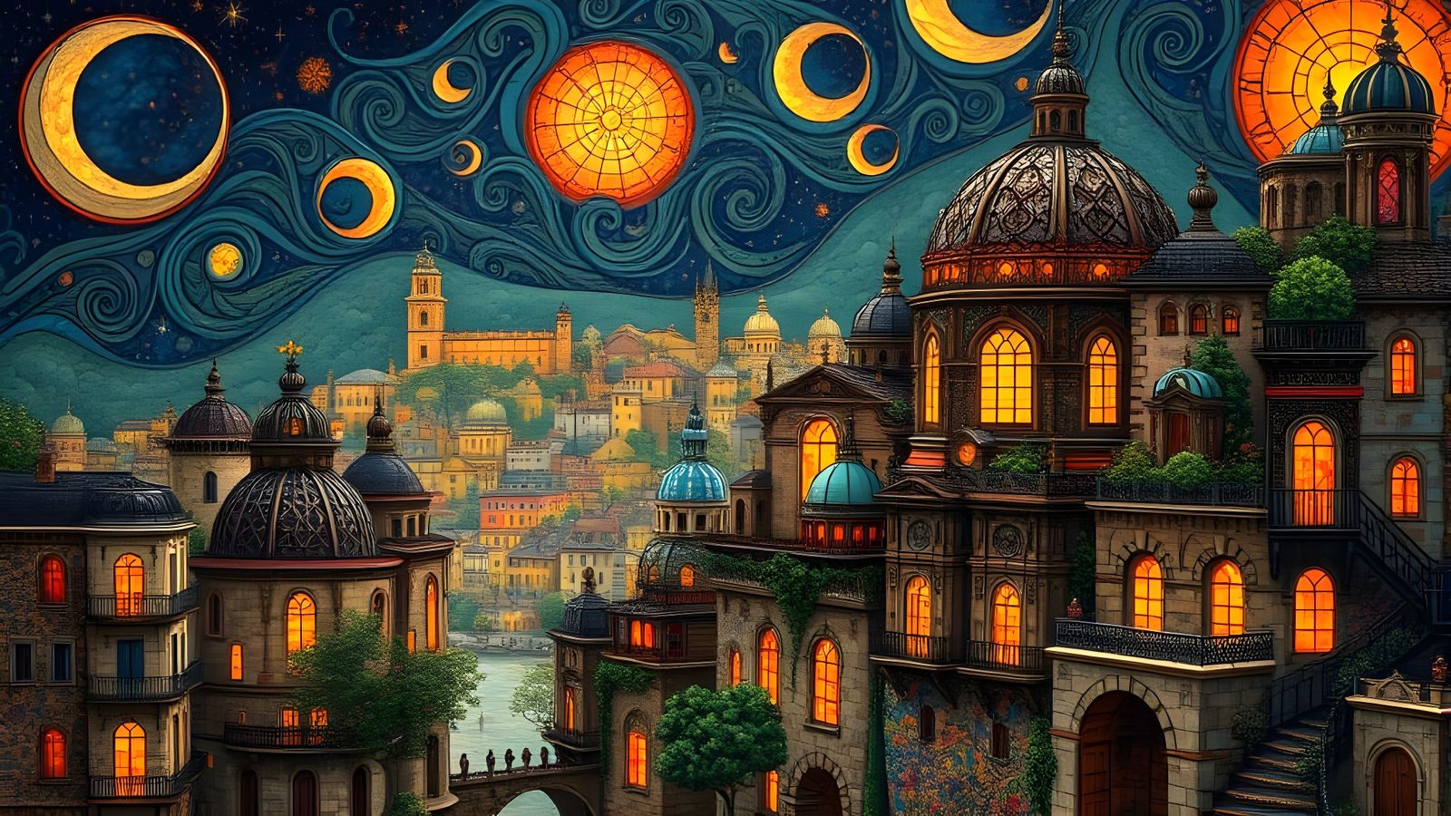 Embroidered Cityscape in Art Nouveau Style