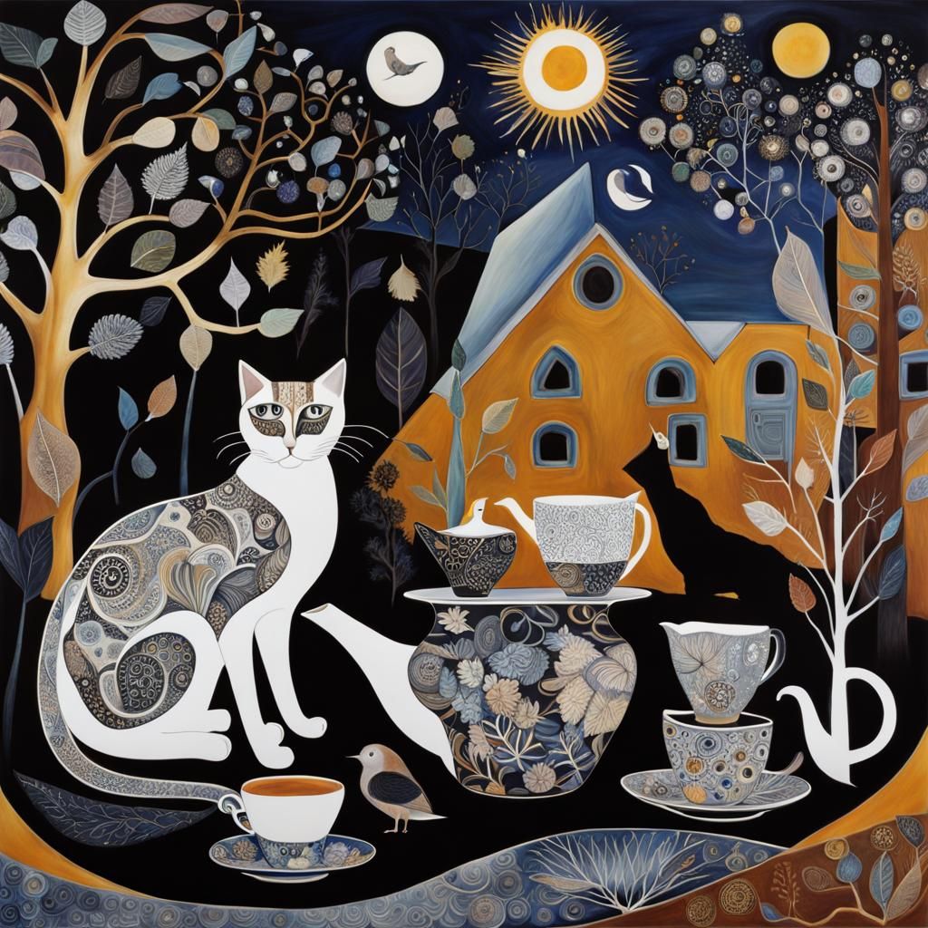 Surreal Cat Tea Set in Grayscale Photogram