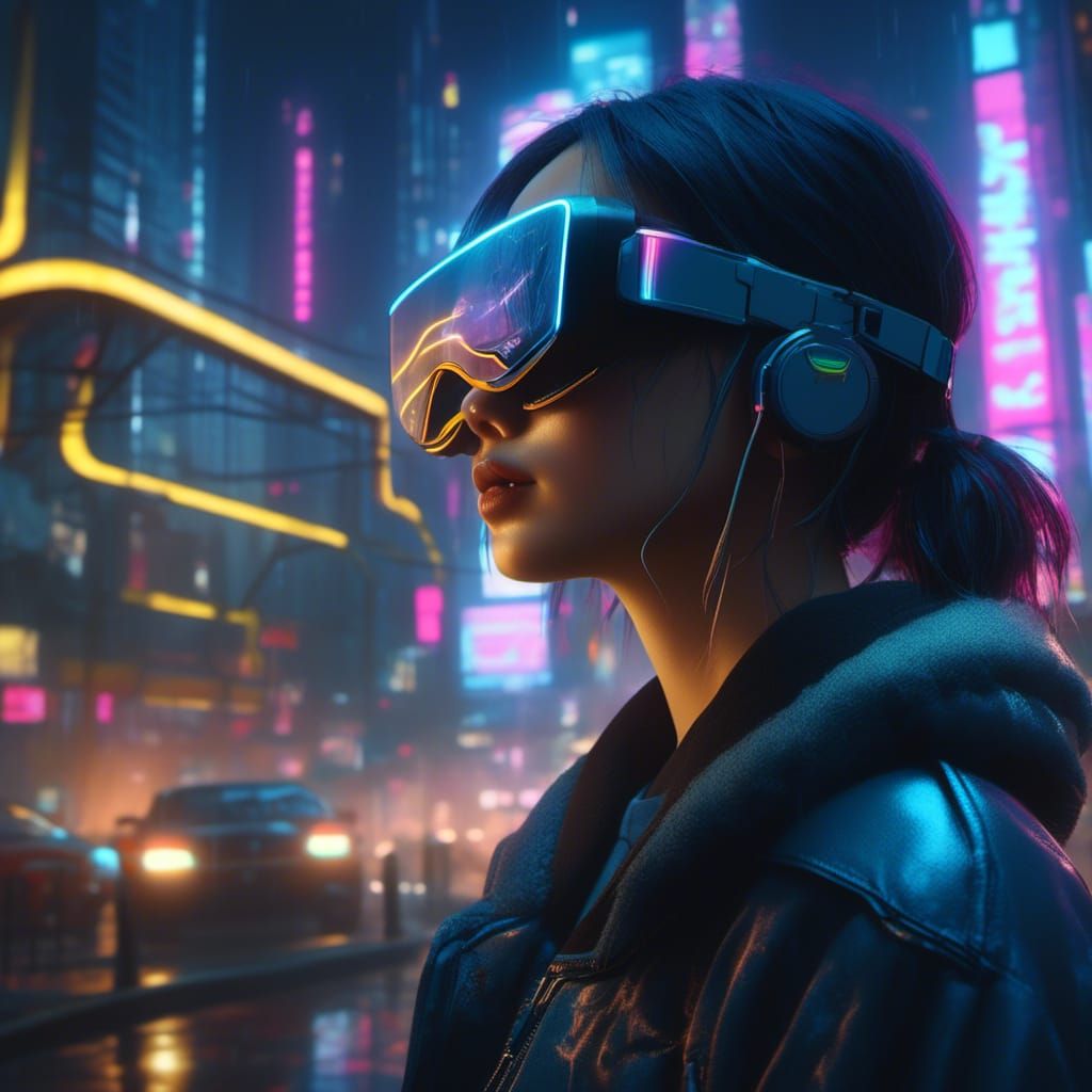 Cyberpunk Girl in VR Headset at Night