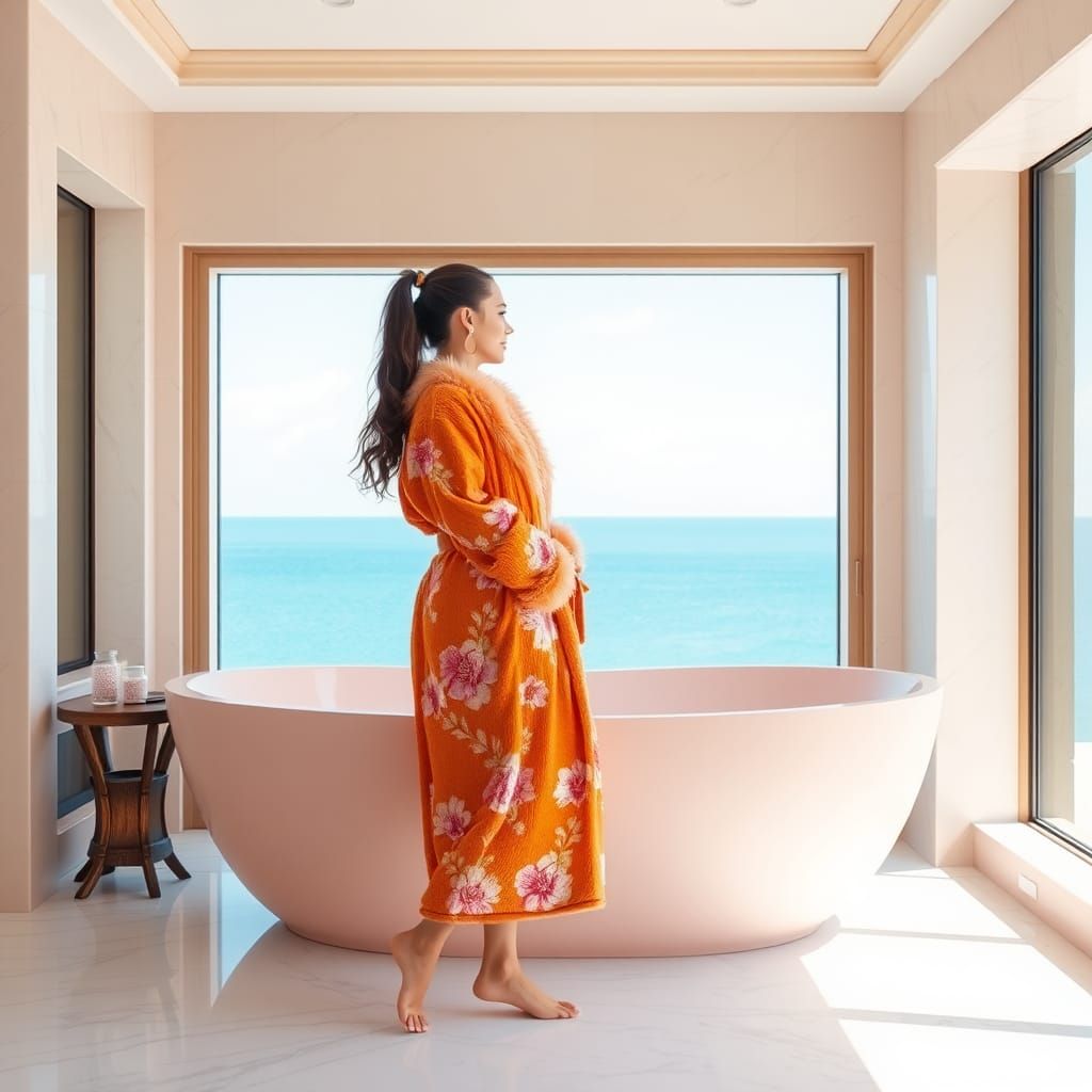 Woman in Pink Bathrobe Overlooking Blue Sea