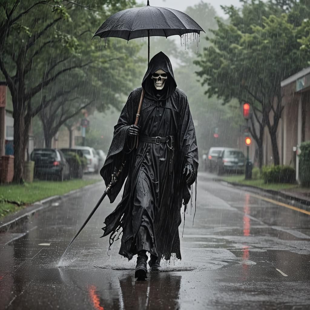 Grim Reaper Walking in the Rain