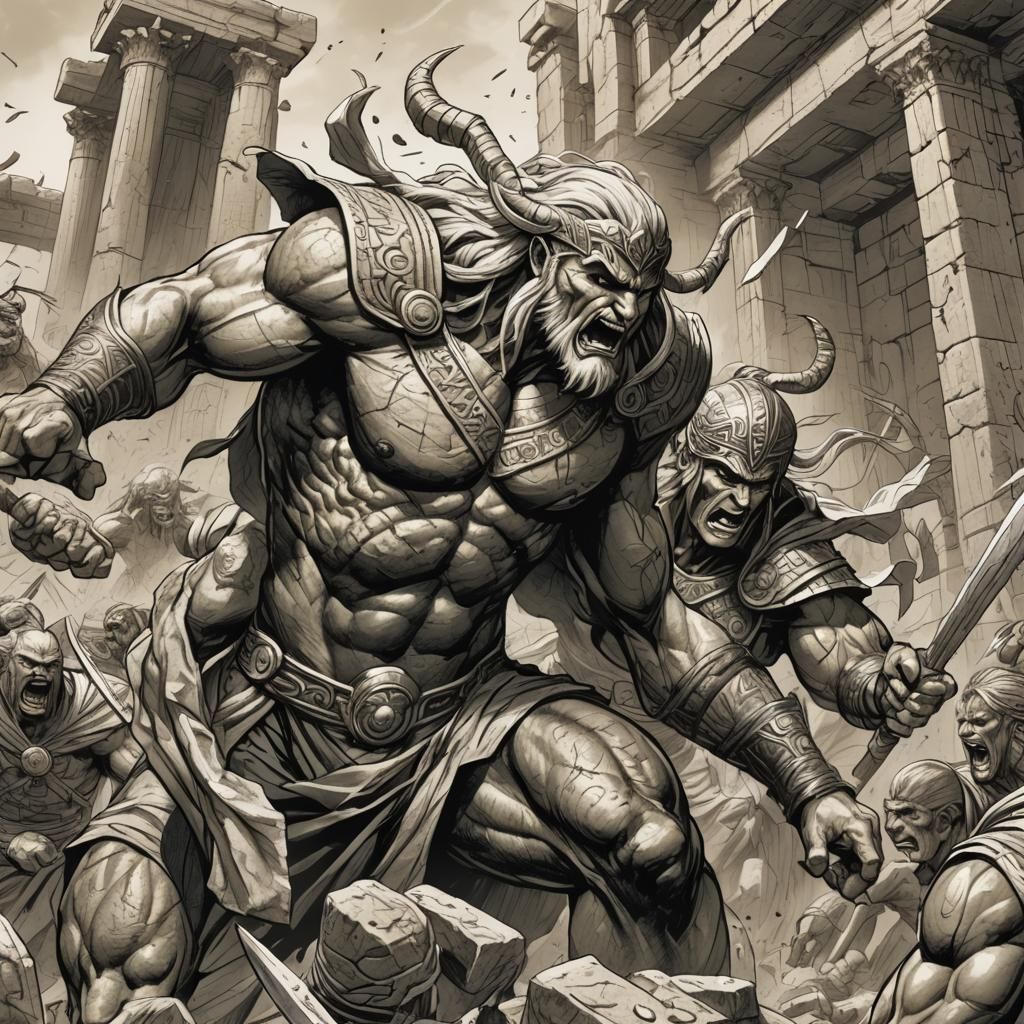 Gilgamesh and Enkidu Battle in Pencil Sketch Style