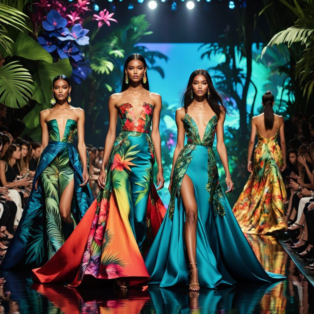 Ethereal Haute Couture Runway Amidst Tropical Jewel Tones