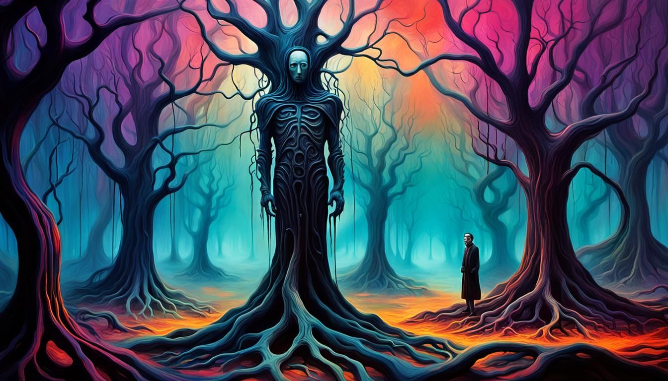 Surreal Distorted Figure Amidst Melting Trees