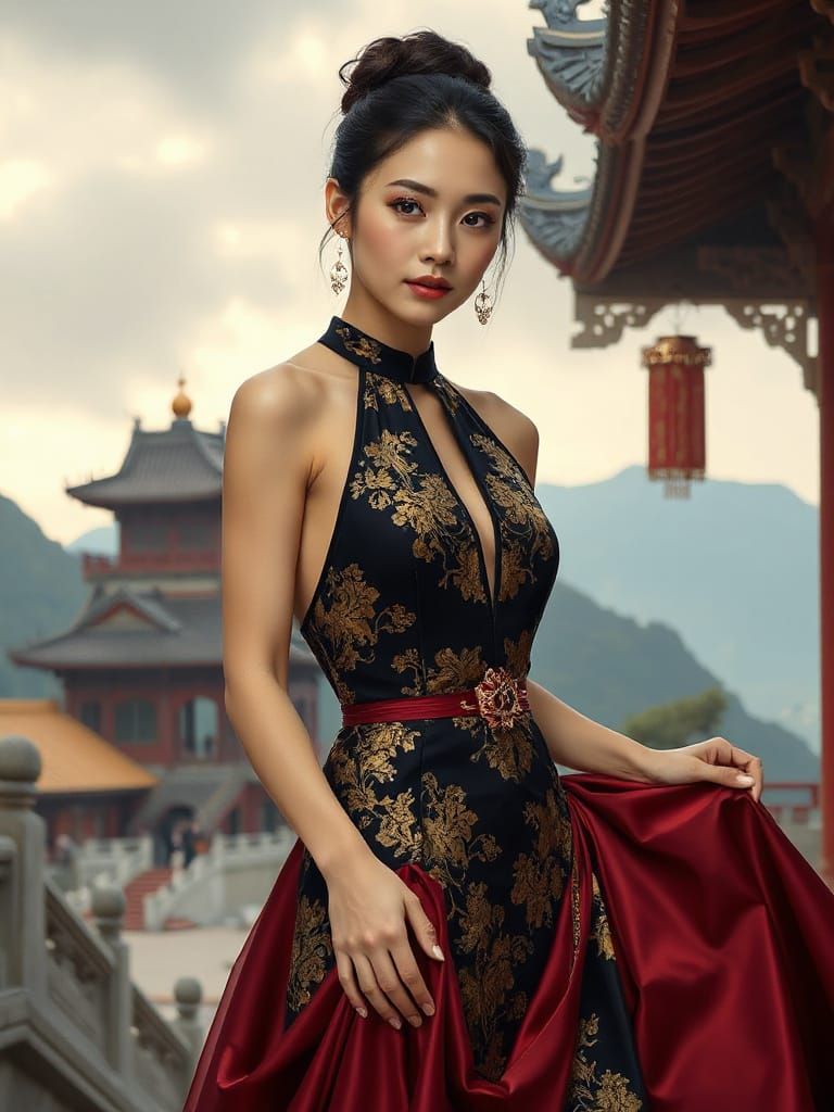 Elegant Asian Woman in Traditional Gown, Hyperrealistic Port...