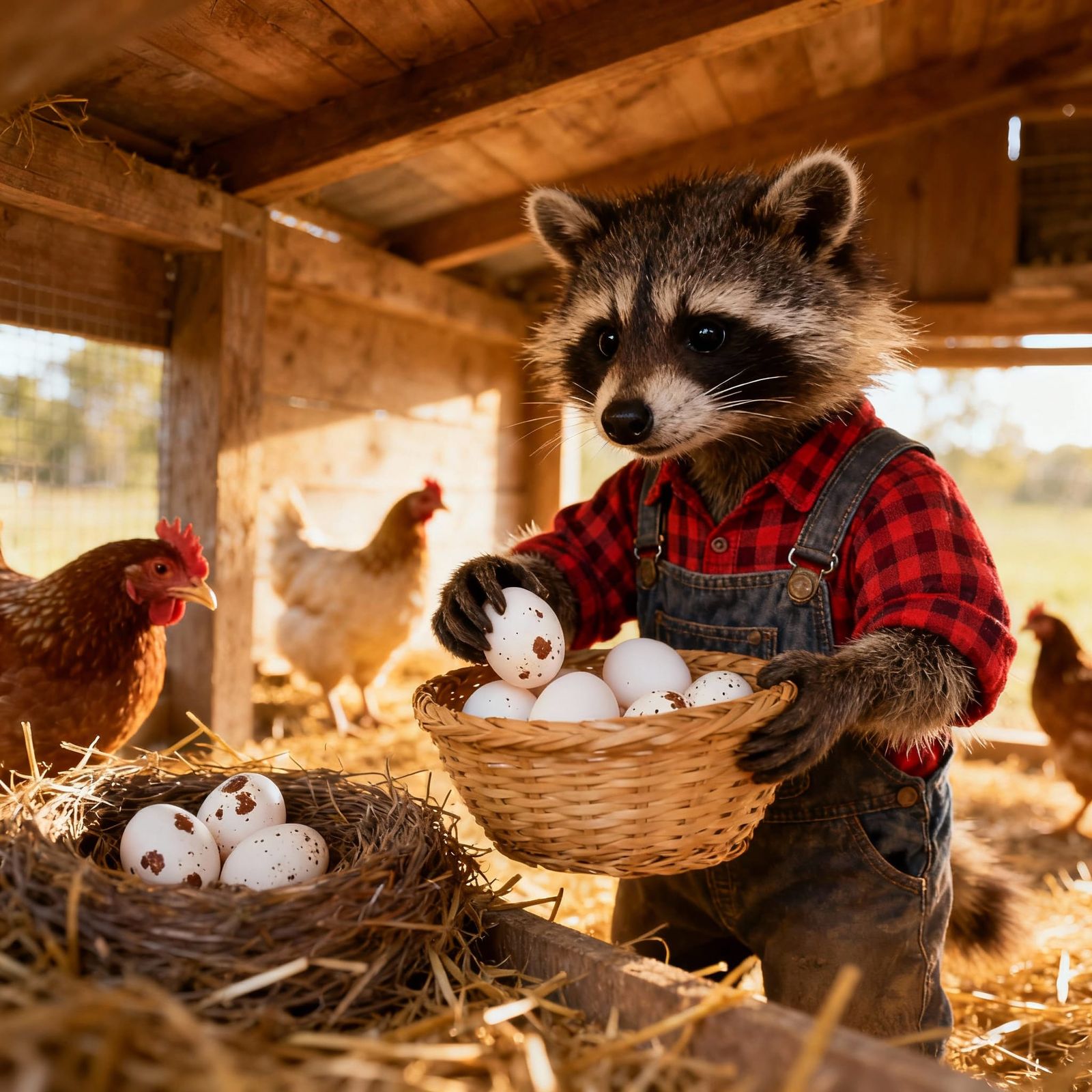 Raccoon Farmer Collects Eggs in Henhouse