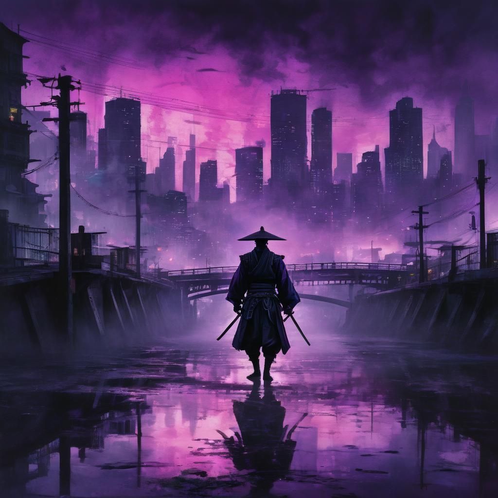 Synthwave Samurai Silhouette in Noir Cityscape