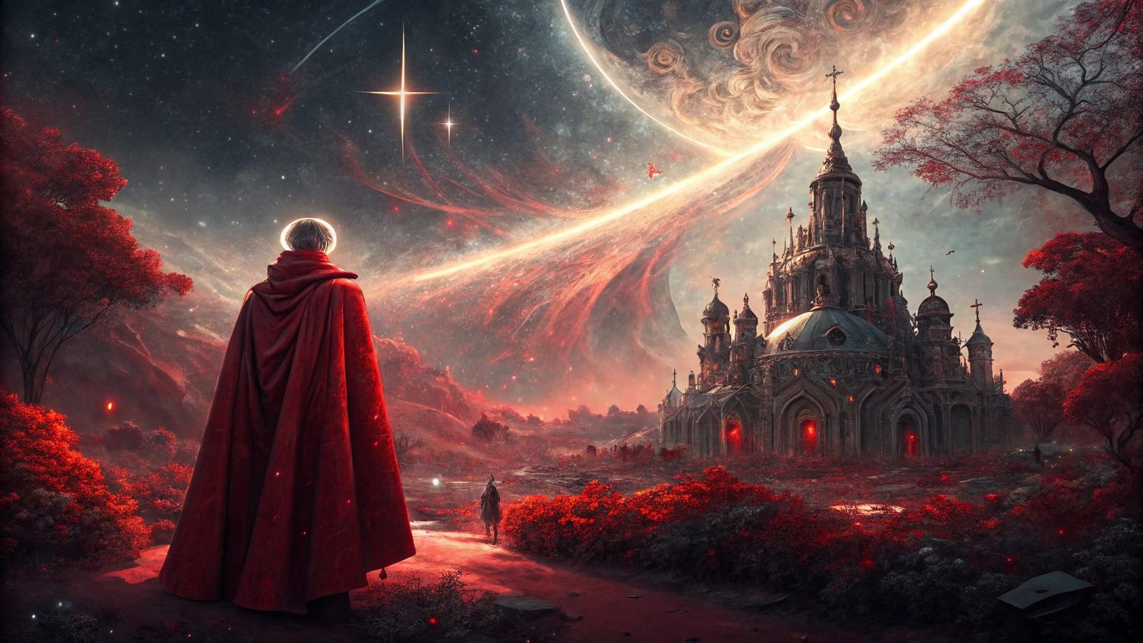 Surreal Cosmic Landscape with Crimson Red and Black Glasssca...