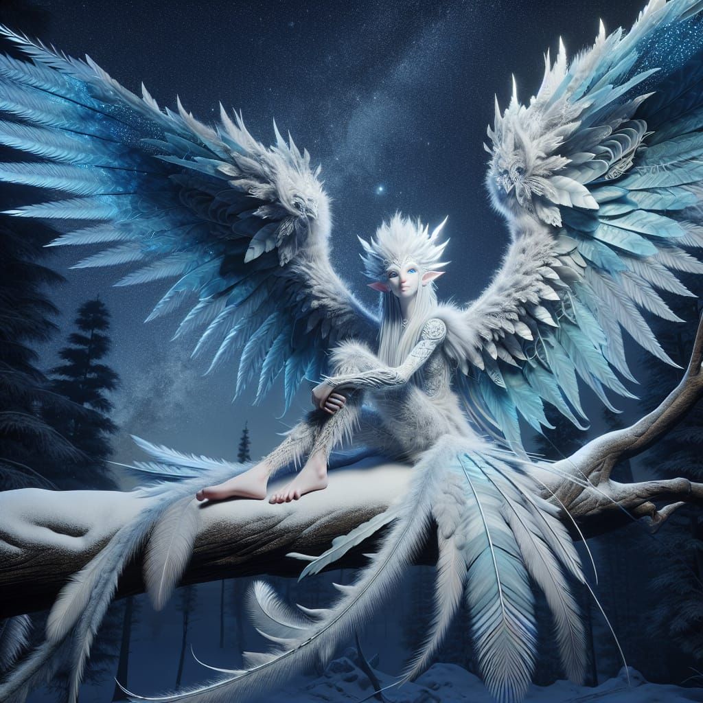 Northern Frost Harpy Illuminated by Moonlight in Hyperrealis...