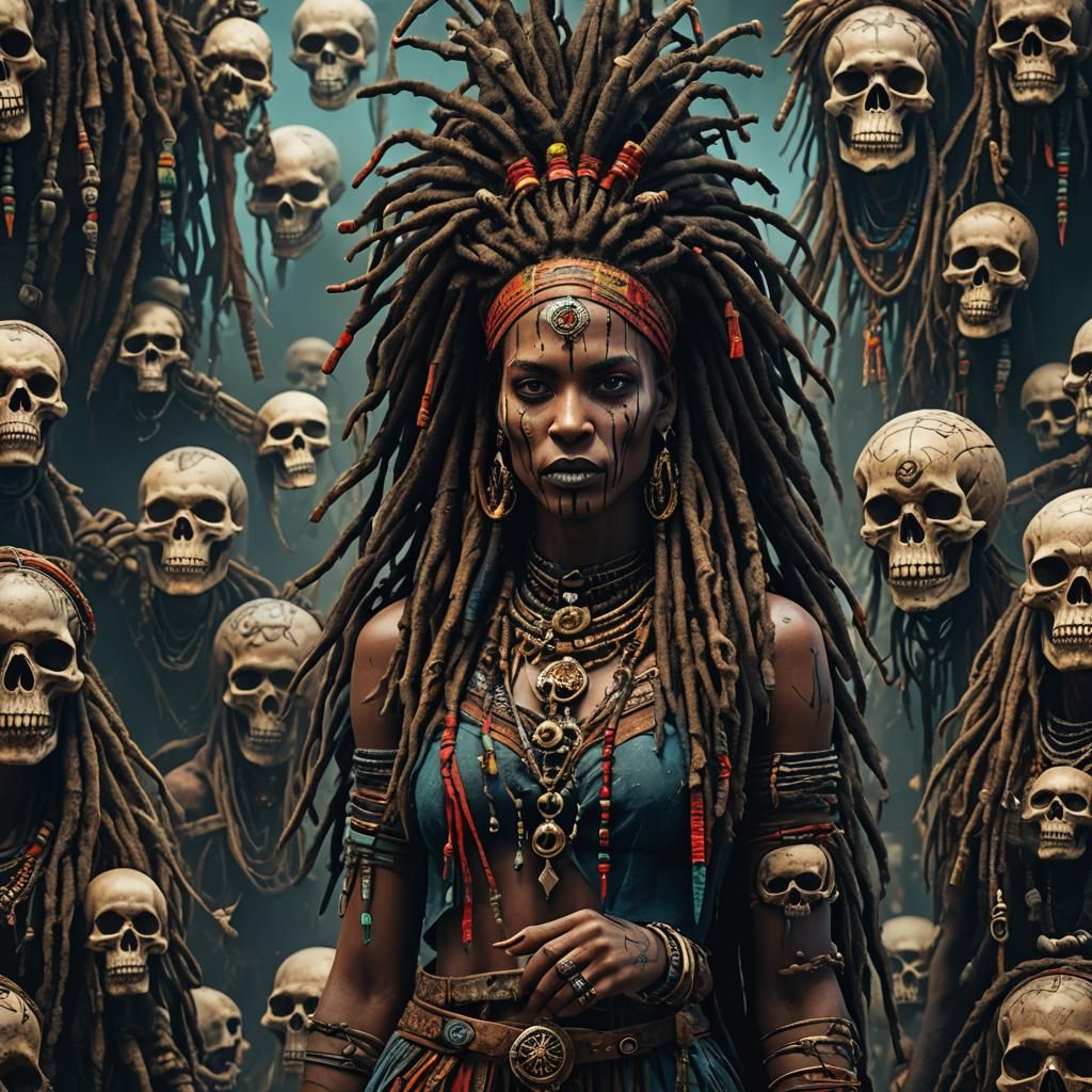 Voodoo Woman with Dreadlocks and Skulls