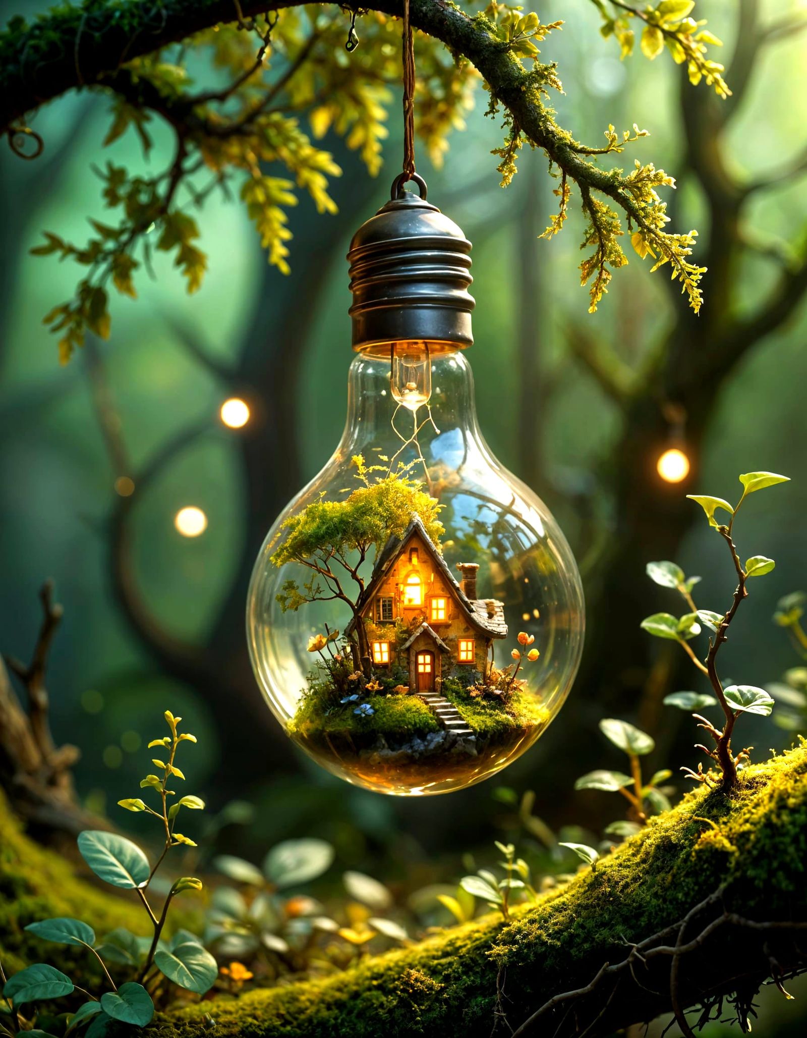 Glowing Lightbulb Home in Whimsical Watercolor Style