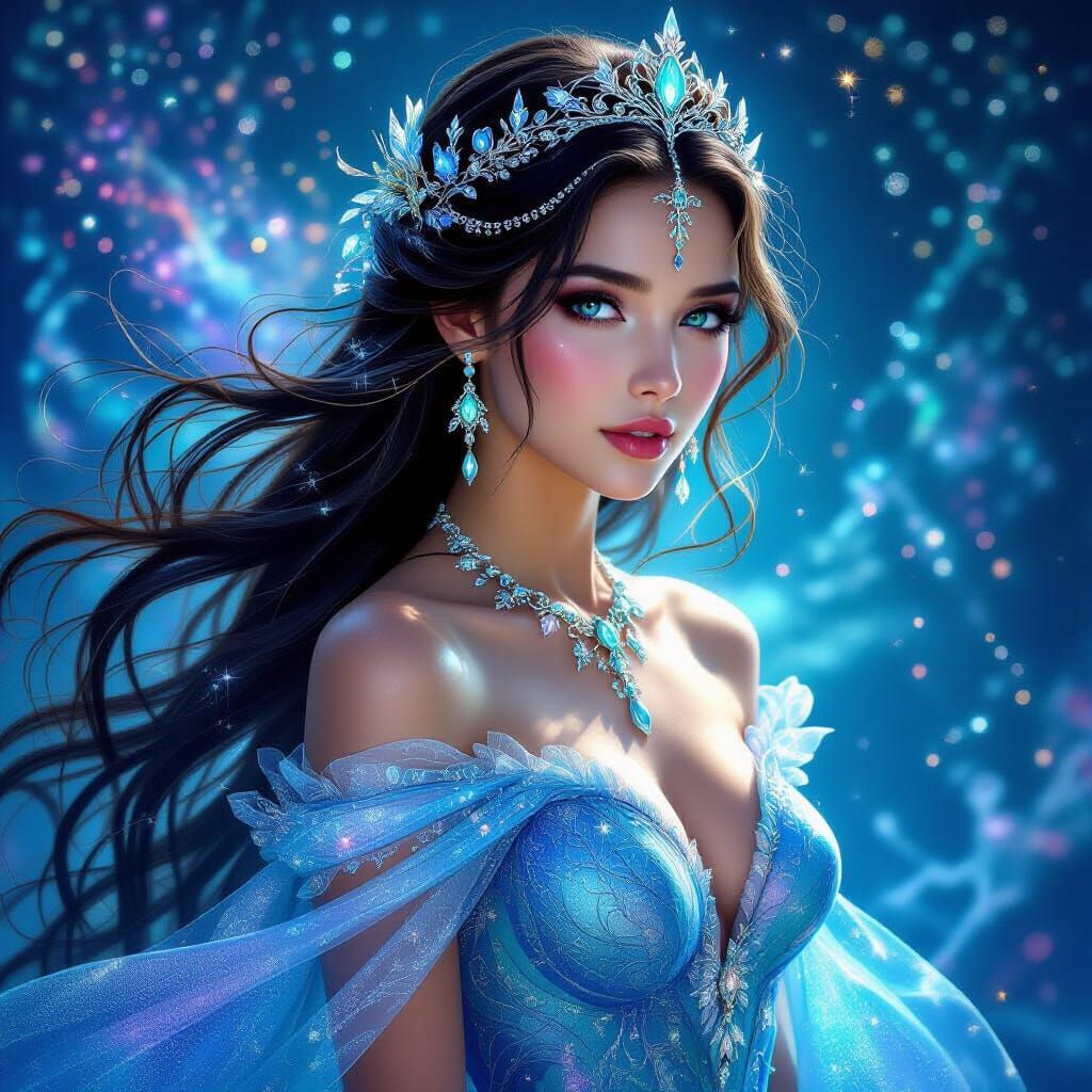 Regal Water Princess with Cosmic Jewelry in Ethereal Dress