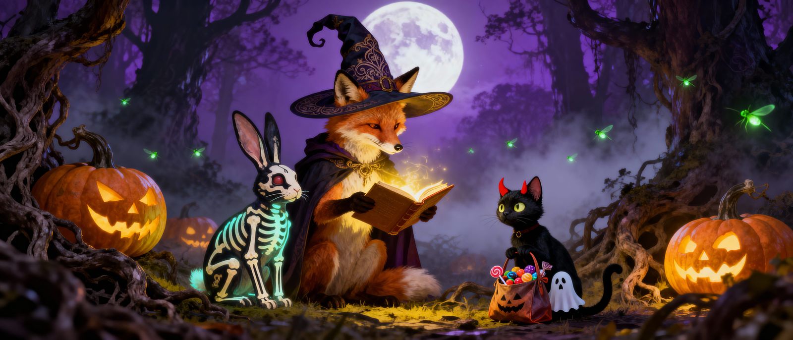 Mystical Halloween Forest Scene with Spellcasting Fox