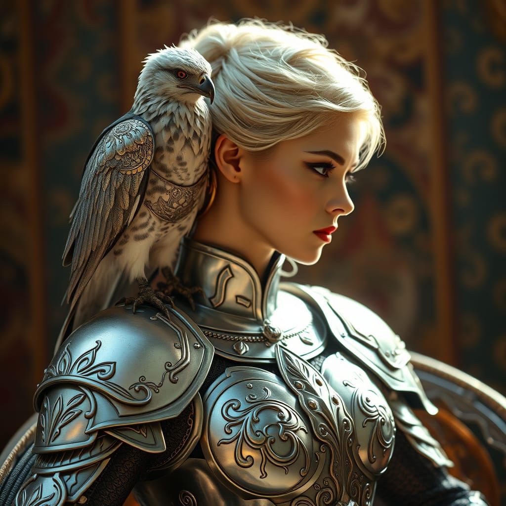 Regal Lady in Silver Armor with Majestic Hawk