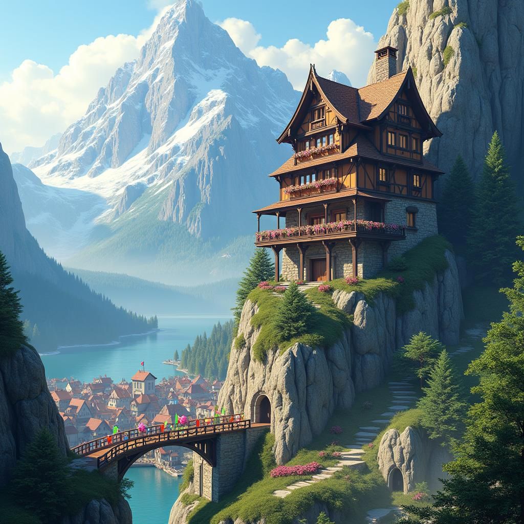Majestic House Overlooking Medieval Town in 3D Anime Style