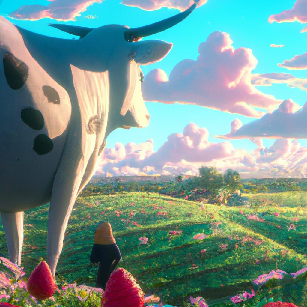 Strawberry Cow in Studio Ghibli Anime Style