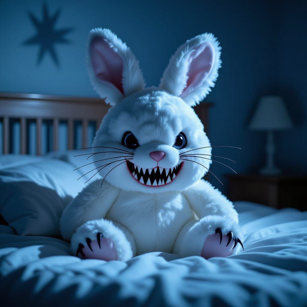 Menacing Bunny Toy with Claws on Child's Bed