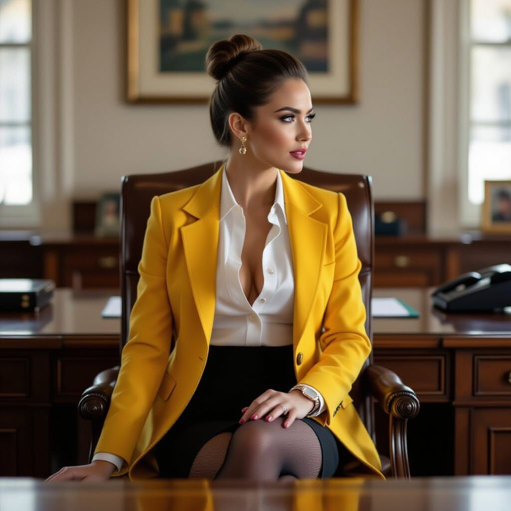 Businesswoman in Yellow Jacket at Wooden Desk Office