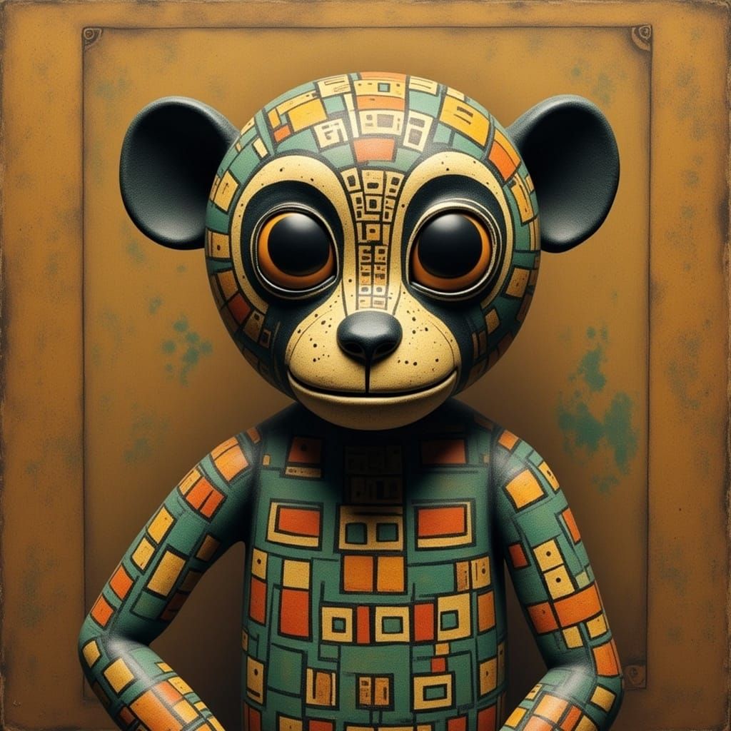 Ornate Monkey Doll with Diamond Pattern in Grungy Style