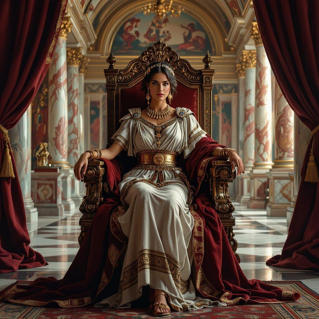 Roman Patrician Woman in Opulent Baroque Throne Room